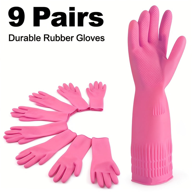 Reusable Latex Cleaning Gloves, 9 Pairs Pack, 14.96In\u002F38Cm Extended Long Cuff, Thickened Durable with Non-Slip Textured Palm, Household Gloves for Dishwashing Cleaning Kitchen