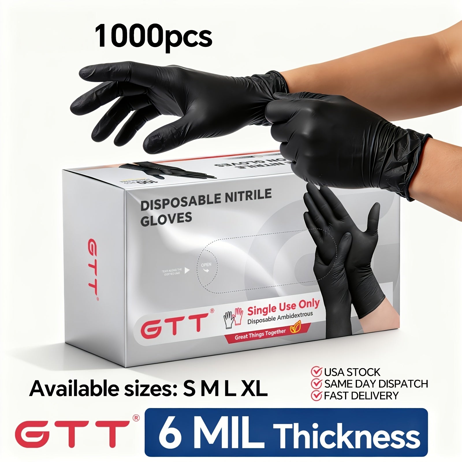 Disposable Black Nitrile Gloves, 6 Mil, 1000pcs Pack - Powder-Free, Latex-Free, Multi-Purpose
