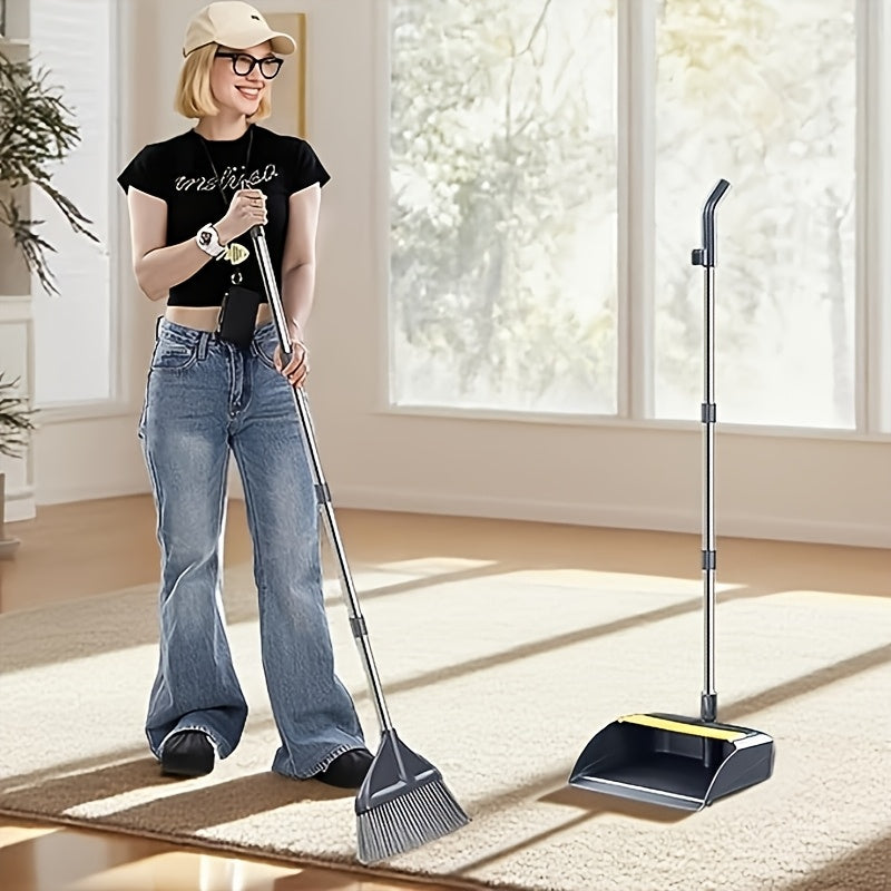 3-in-1 Heavy-Duty Broom and Dustpan Combo with Long Handle - Adjustable Height, Thickened Stainless & Metal-Reinforced Edges, Ergonomic Sweeping\u002FCleaning for Hard Floors, Indoor\u002FOutdoor Use Suitable for Home, Pet Hair Cleaning