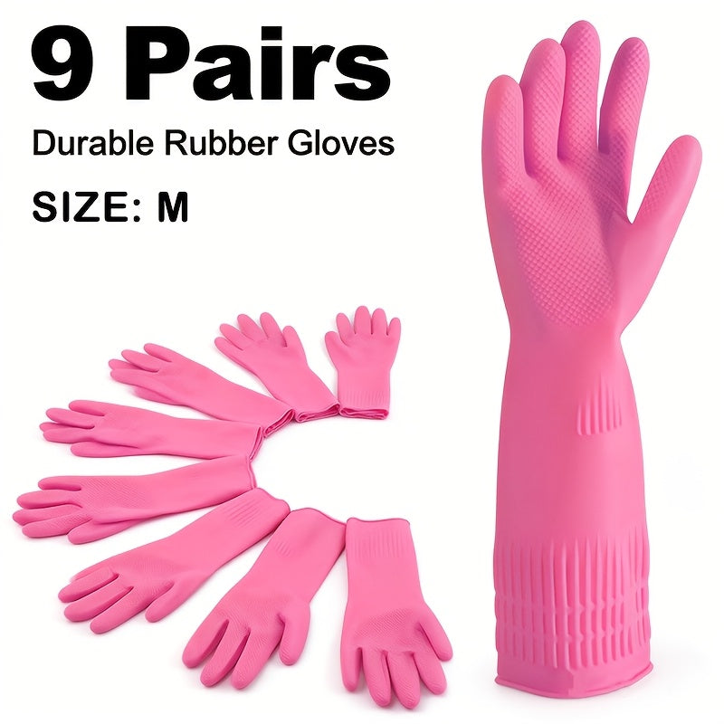 Reusable Latex Cleaning Gloves, 9 Pairs Pack, 14.96In\u002F38Cm Extended Long Cuff, Thickened Durable with Non-Slip Textured Palm, Household Gloves for Dishwashing Cleaning Kitchen